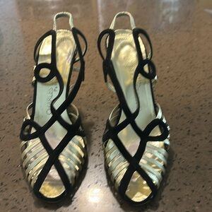 Beautiful Retro Black & Gold Charles Jourdan Leather & Suede High Heel Sandals
